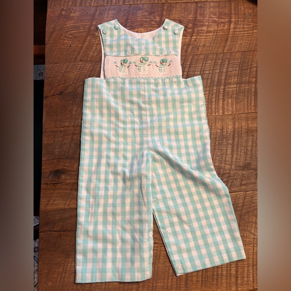 Smocked Snowman Gingham Overalls